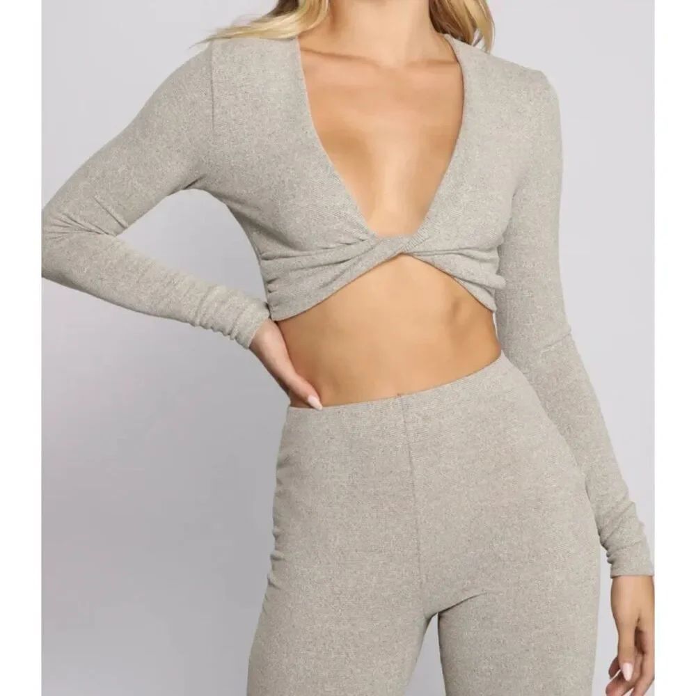 Windsor Taupe Knit Twist Front Crop Top & High Waist Pants Set – Size L